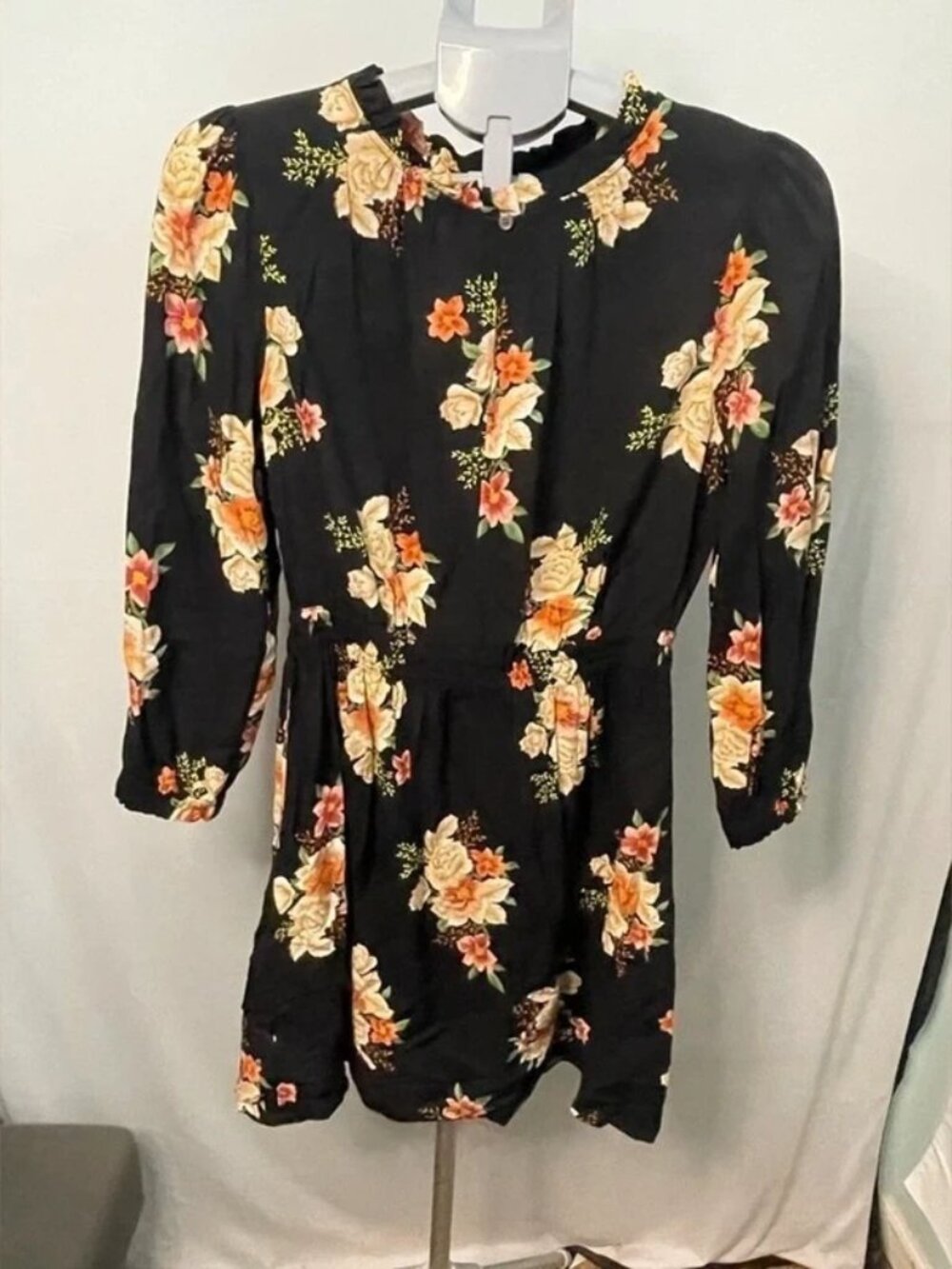 LOFT Floral Mini Dress Womens S Black Orange Ruffle Mock Neck Long Sleeve